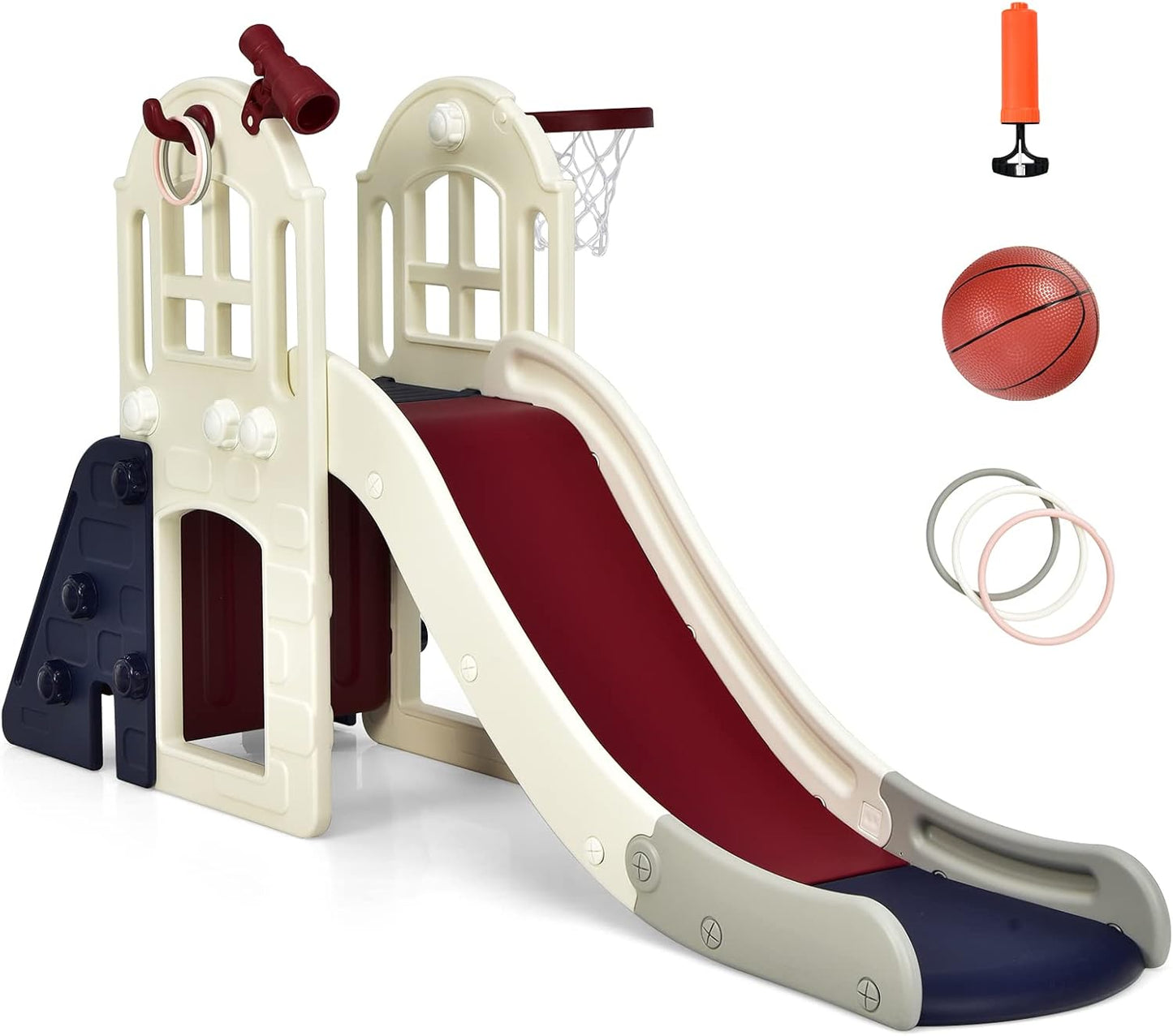 BABY JOY Toddler Slide, 6-in-1 Indoor Kids Slide Playset with Basketball Hoop, Telescope, Climbing Ladder & Storage Space, Freestanding Playhouse & Climber for Kids Aged 1-3 (Pink)