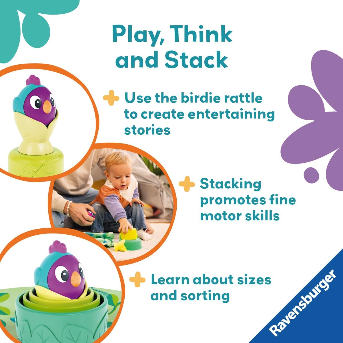 Ravensburger Play+ 3-in-1 Stacking Cups - Bird's Nest | Silicone Nesting & Sorting Set | Supports Sensory Exploration