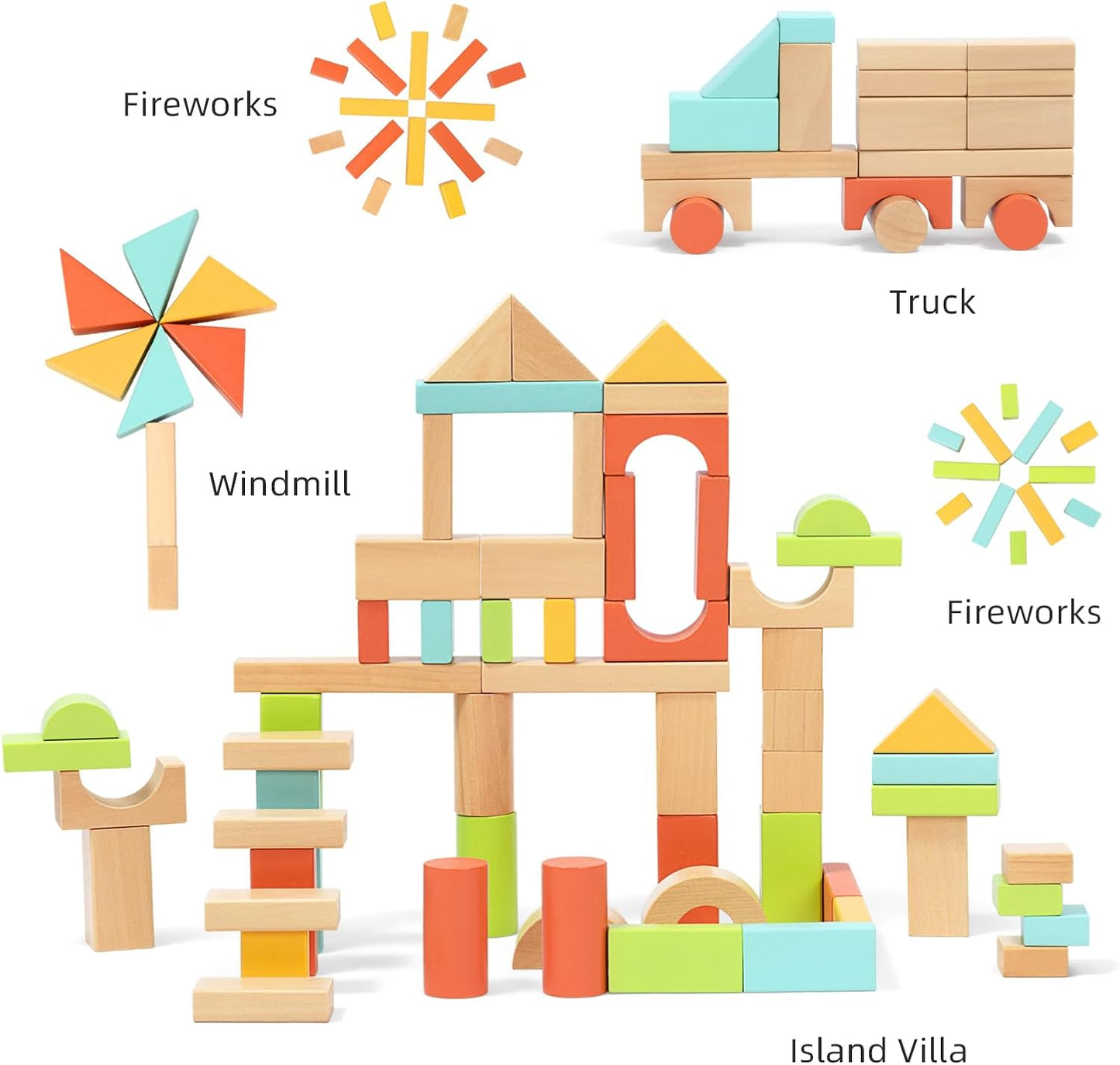 100pcs Natural Beech Wooden Building Blocks for Toddlers 1-3, Wooden Blocks for Baby Shower with Storage Bucket, Montessori Toys for Preschool Girls and Boys