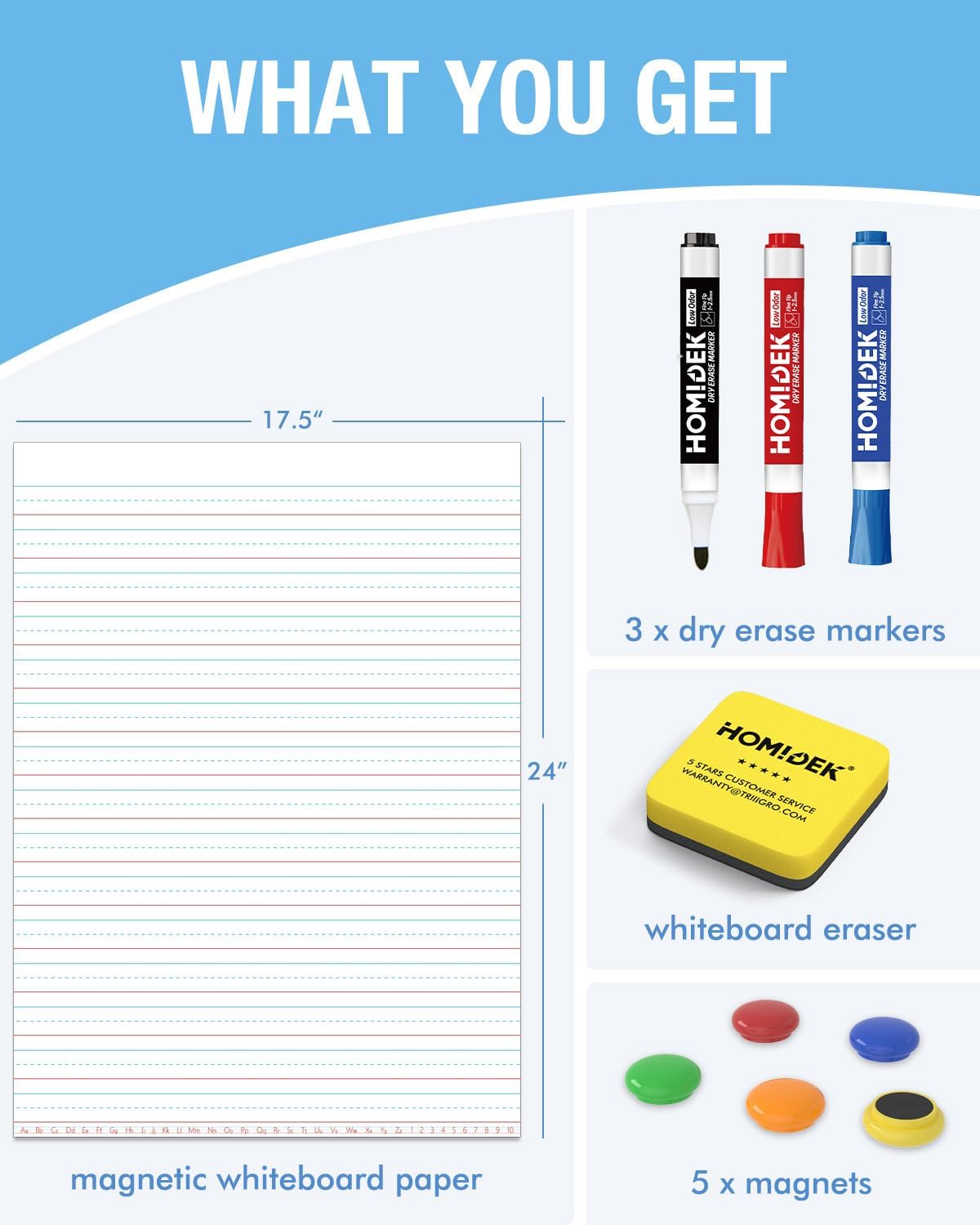 HOMiDEK Magnetic Handwriting Paper for Whiteboard - 17.5x24 in Dry Erase Writing Paper with Lines - Lined Notebook White Board with Markers, Magnet, Eraser