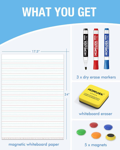 HOMiDEK Magnetic Handwriting Paper for Whiteboard - 17.5x24 in Dry Erase Writing Paper with Lines - Lined Notebook White Board with Markers, Magnet, Eraser