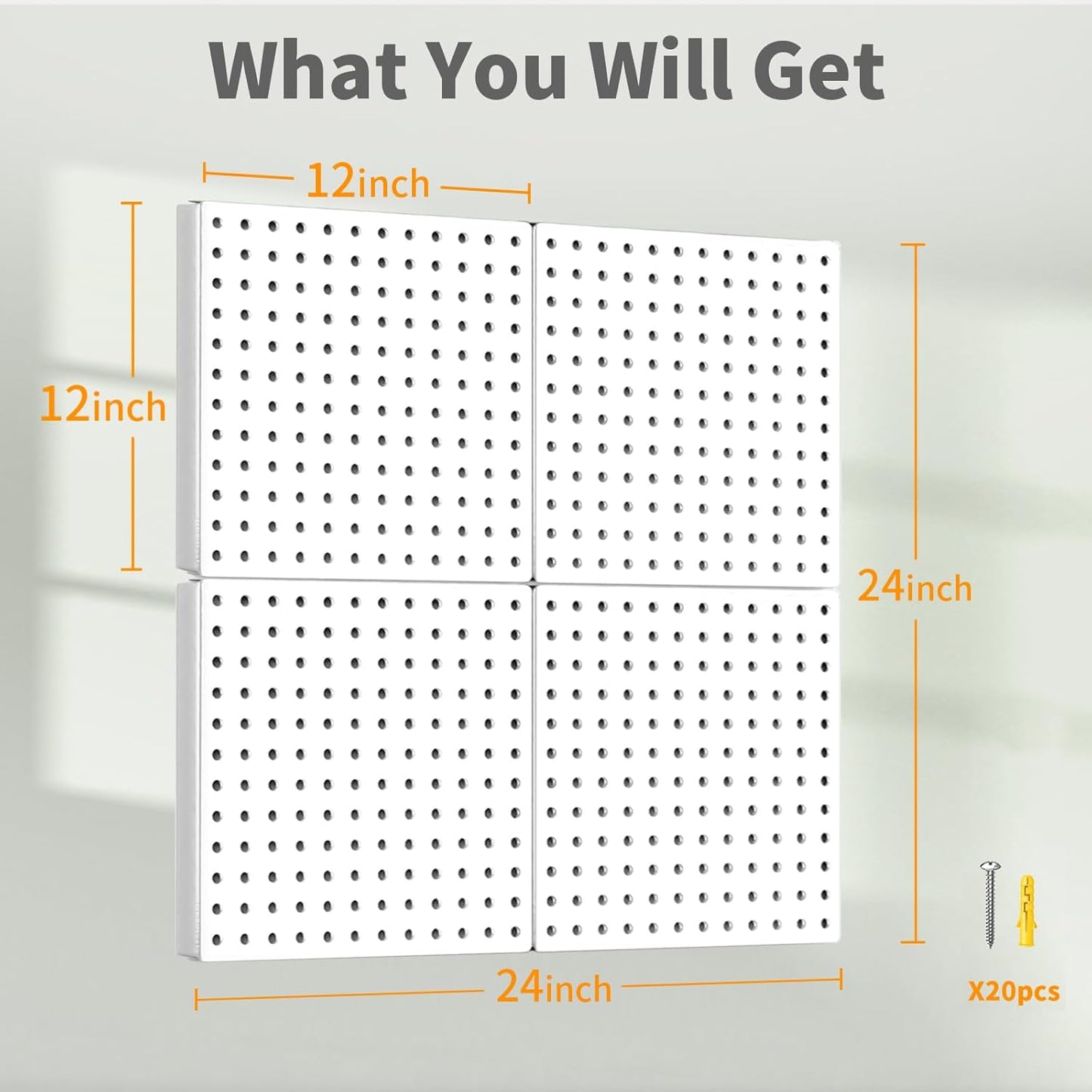 Peg Board, 4PCS Metal Pegboard Wall Organizer. Heavy Duty Pegboard, Peg Boards, Pegboard for Walls, White Pegboard for Garage Craft Room Workbench Office Kitchen Tool Organization, 12"*12"