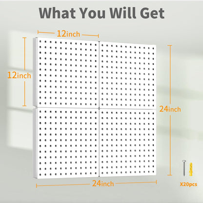 Peg Board, 4PCS Metal Pegboard Wall Organizer. Heavy Duty Pegboard, Peg Boards, Pegboard for Walls, White Pegboard for Garage Craft Room Workbench Office Kitchen Tool Organization, 12"*12"