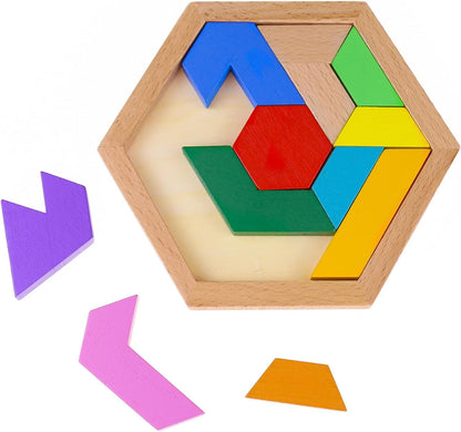 KINGOU Wooden Hexagon Tangram Puzzle Shape Pattern Blocks Brain Teaser Puzzles Challenging Geometry Logic Mind Games Educational Gift for Kids & Adults