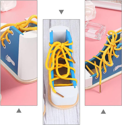 NUOBESTY Shoe Tie Practice for Kids Learn to Tie Shoes Tying Practice Board Lacing Toy Wooden Shoelaces Knot Tying Kit Teaching Preschool Learning Toys, Blue