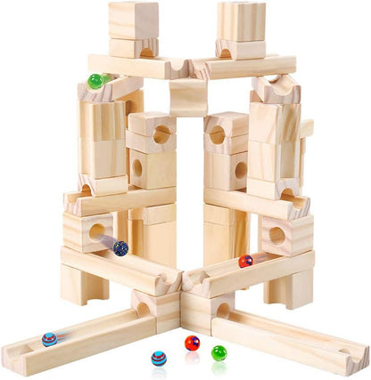 Golden Age Marble Run Toys, 60 Pieces Wooden Classic Ramps Track Building Construction Set for Children Toddler