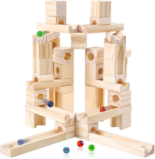 Golden Age Marble Run Toys, 60 Pieces Wooden Classic Ramps Track Building Construction Set for Children Toddler