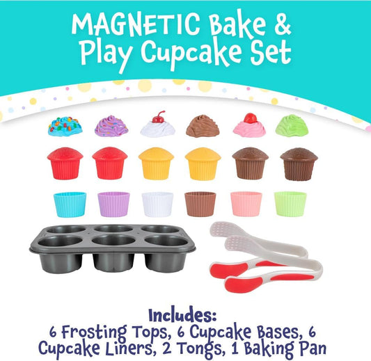 Popular Playthings Magnetic Bake & Play Cupcakes Toy Set, Pretend Cupcake Kitchen Kit for Kids, Gifts for Toddler Girls - 20 Pieces