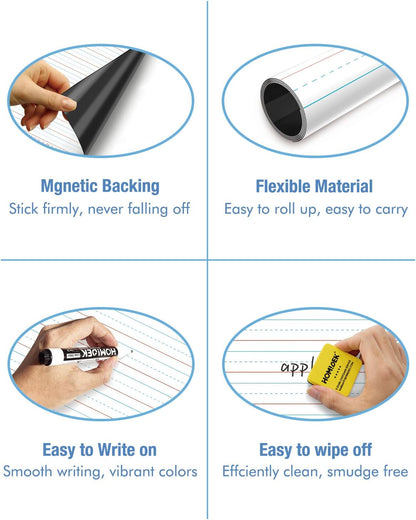 HOMiDEK Magnetic Handwriting Paper for Whiteboard - 17.5x24 in Dry Erase Writing Paper with Lines - Lined Notebook White Board with Markers, Magnet, Eraser