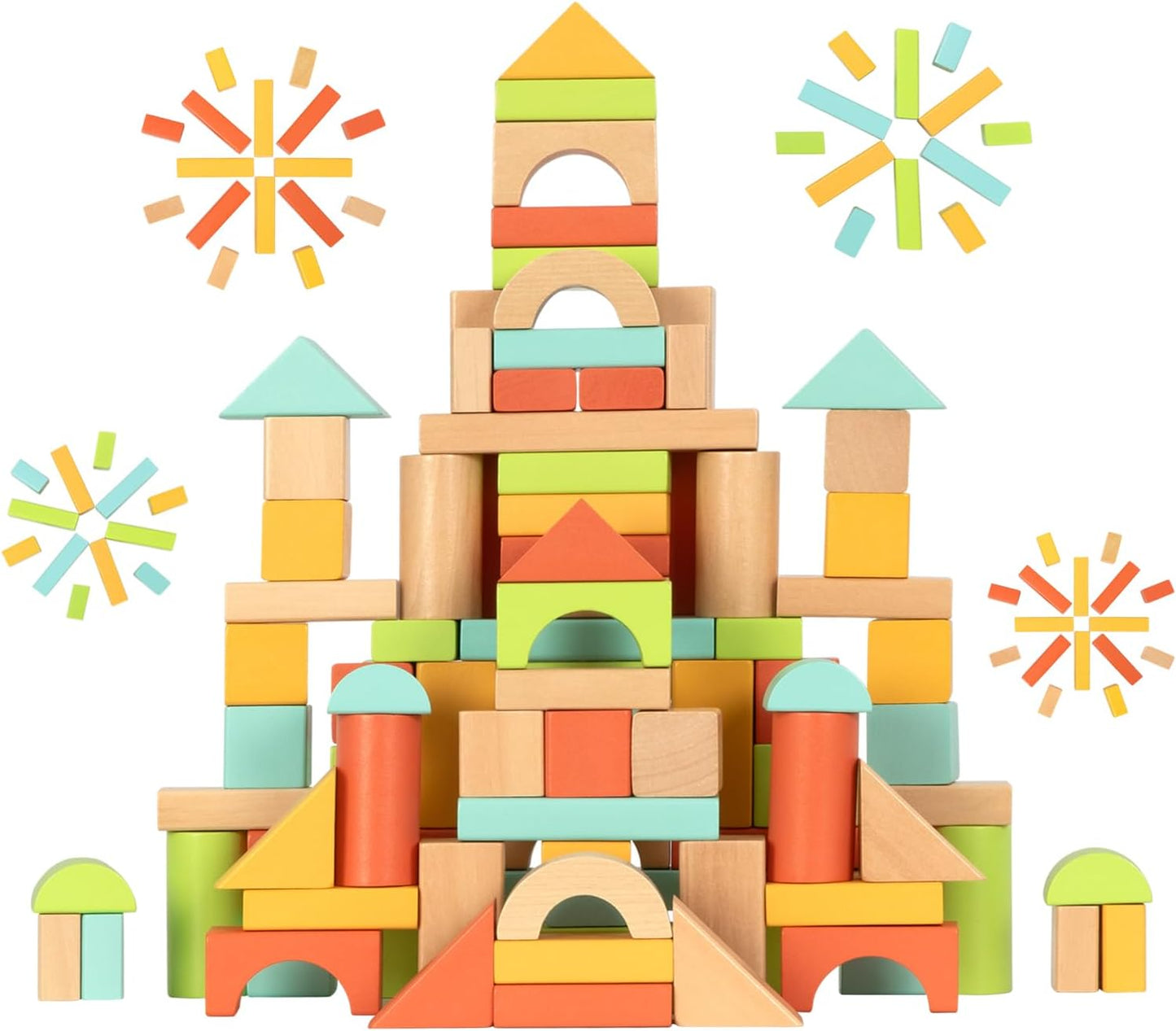 100pcs Natural Beech Wooden Building Blocks for Toddlers 1-3, Wooden Blocks for Baby Shower with Storage Bucket, Montessori Toys for Preschool Girls and Boys