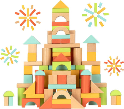 100pcs Natural Beech Wooden Building Blocks for Toddlers 1-3, Wooden Blocks for Baby Shower with Storage Bucket, Montessori Toys for Preschool Girls and Boys