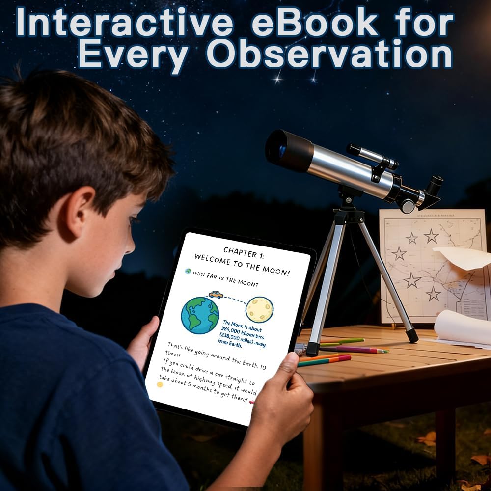 Telescope for Kids 50mm 100x Magnification Beginner Silver Telescopio with Tripod, 2 Eyepieces, Finder Scope Set, STEM Educational Astronomy Chritstmas Gift for Boys & Girls Ages 6-12