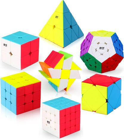 Roxenda Speed Cube Set, Speed Cube Pack of 2x2 3x3 4x4 5x5 Megaminx Skew Cube and Pyramid Cube Carbon Fiber Sticker Smoothly Magic Cubes Collection for Kids Teens & Adults [7 Pack]
