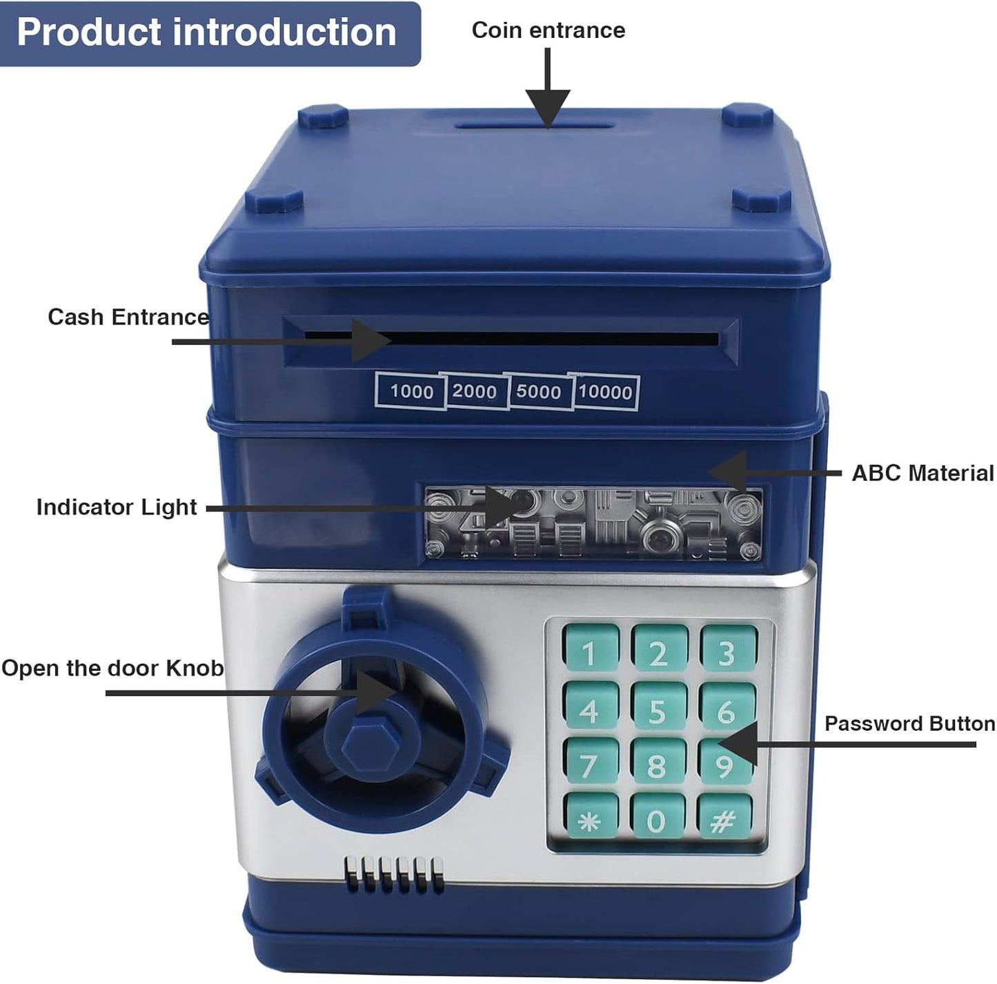 HUSAN Piggy Banks Money Banks for Kids, Electronic Password Code Money Banks ATM Banks Box Coin Bank for Children Boys and Girls (Grey Bue)