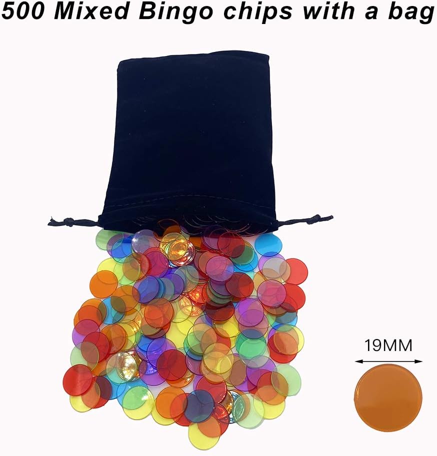 JUNWRROW 500 Pieces 3/4 inch Transparent 6 Color Bingo Counting Chips with Bag