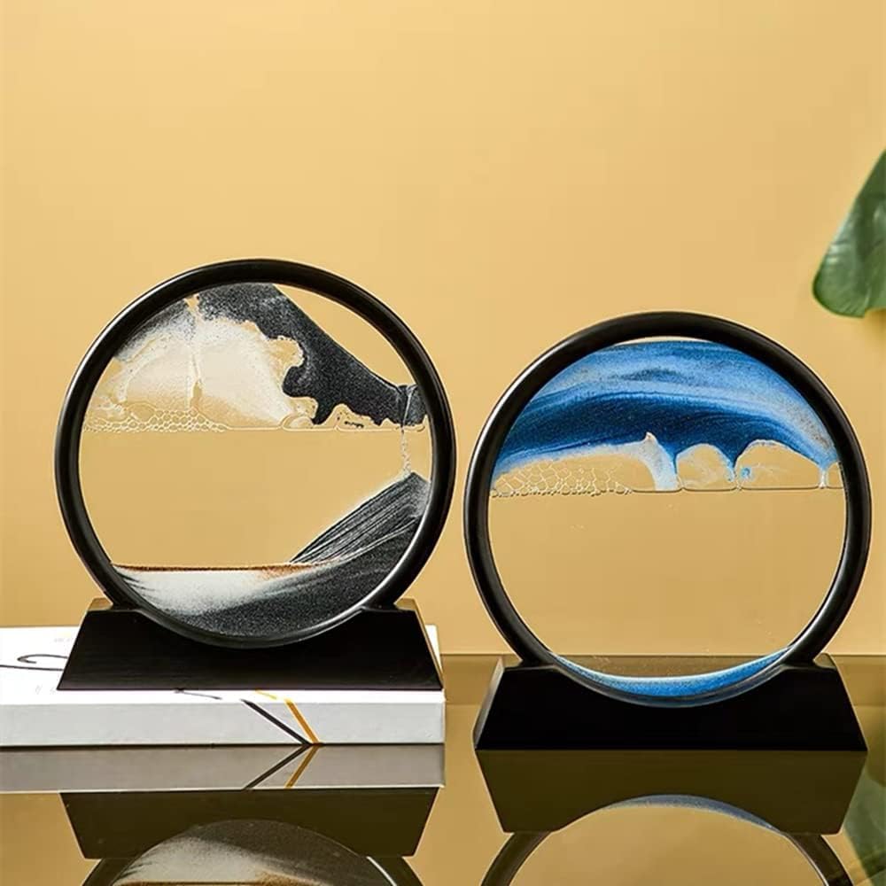 Arthink Moving Sand Art Picture in Motion Round Glass 3D Deep Sea Landscape, Dynamic Sand Art Sandscapes, Sensory Relaxing Desktop