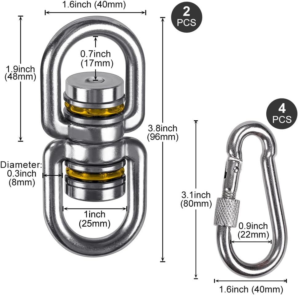 SELEWARE Silent Bearing Swing Swivel, 360° Rotational Device Hanging Accessory with Removeable Buckle for Tree Swing, Hammock Chair, Climbing Rope, Yoga, Kids Swing Swivel 1200LB Capacity, 2 Pack