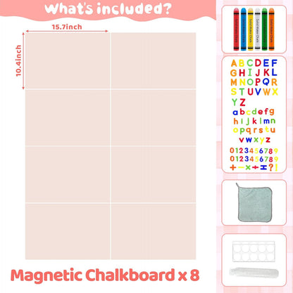 8 PCS Magnetic Wall Decals for Kids Magnetic Chalkboard Peel and Stick Magnet Sheets Board Sticker Tangram Puzzle Self Adhesive Contact Paper Dry Erase Blackboard for Playroom Homeschool 15.7"x10.4"