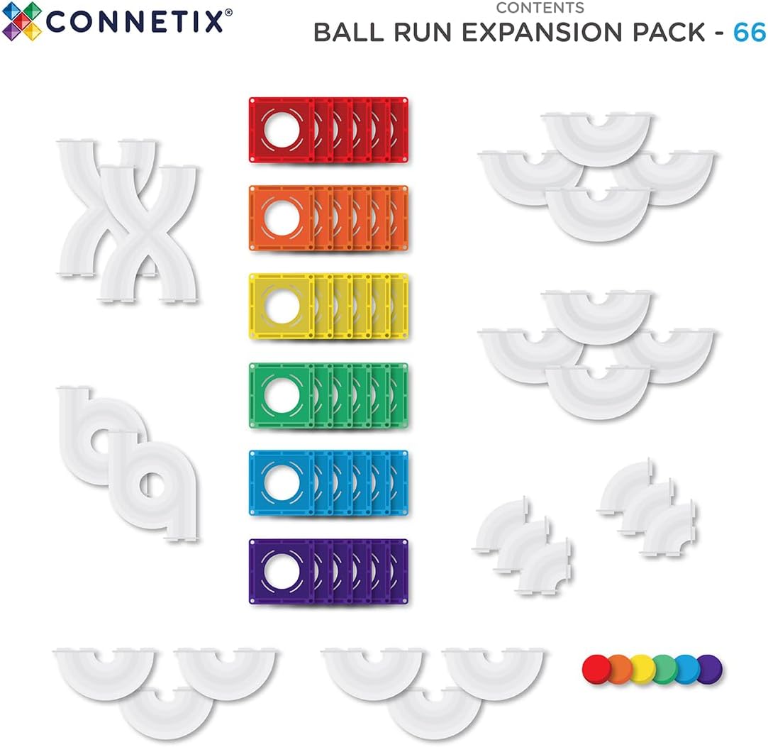 CONNETIX Magnetic Tiles Rainbow Ball Run Expansion Pack, 66 Pieces