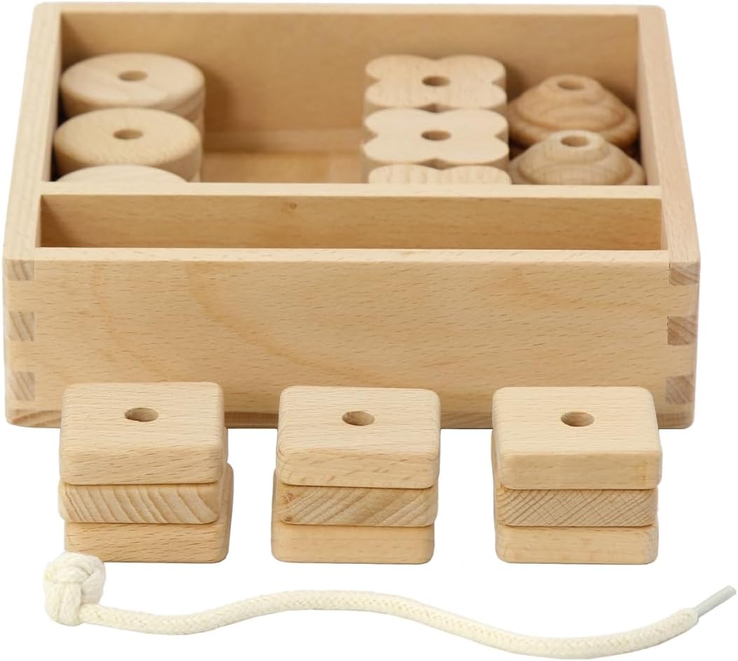 Kiddison Lacing Bead 27 Large Wooden Beads 1 Lace for Toddlers 2-4 – Large Wooden Threading & Stringing Toy with Tray – Fine Motor Skills Activity for Preschool & Occupational Therapy