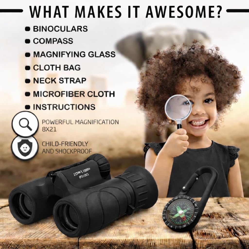 Binoculars for Kids – Perfect Toy for Little Boys and Girls – Extensive Set Incl. Magnifying Glass & Compass – Powerful Magnification 8X21 – 3 to 12 Year Old Kids for Toddler
