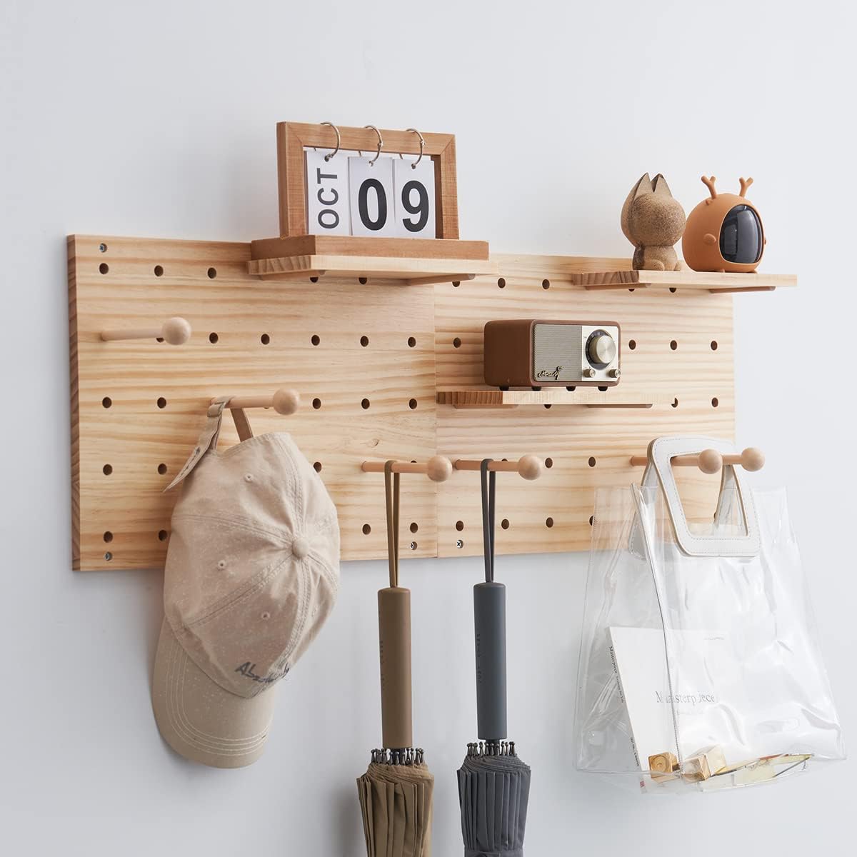 Wood Pegboard Combination Wall Organizer Kit, Wooden Display Pegboard Panel Kits for Bedroom, Study, Office, Bathroom, 2 Pieces Pegboards and 15 Accessories