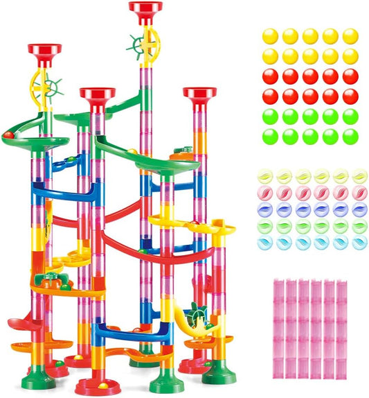 WEofferwhatYOUwant Marble Run Set – 169 Piece STEM Track Building Toy for Kids Ages 3+ with Glass & Color Marbles, Pink Connectors, Instruction Sheet | Creative Maze Tower Game for Learning & Fun
