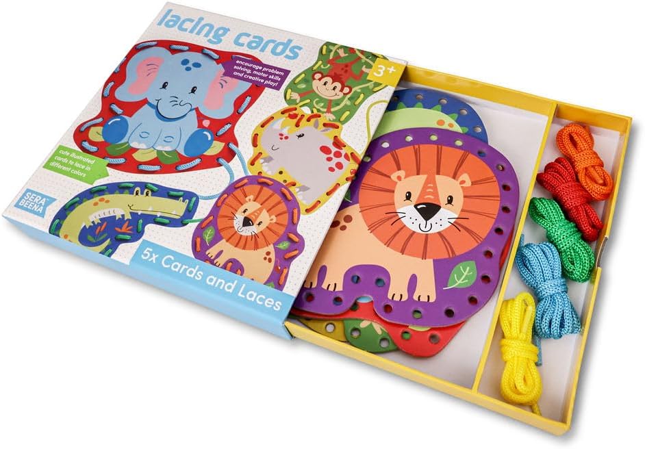 Serabeena Lacing Cards for Kids Ages 3-5 - Safari Animal Sewing Cards | Screen-Free Toddler Lace-Up Toy & Activity with 5 Laces & Storage Box for Hand-Eye Coordination and Fine Motor Skills