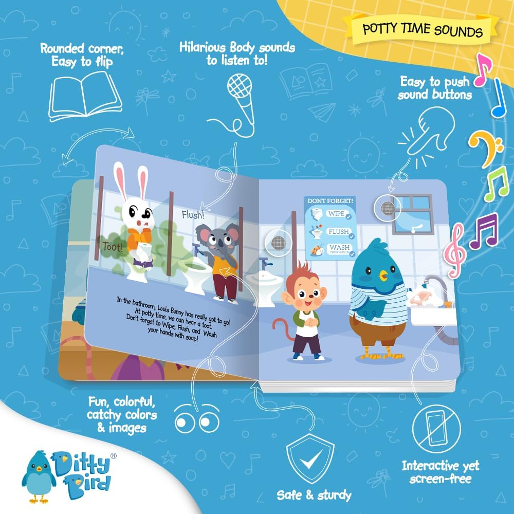 DITTY BIRD Board Books for Toddlers 1-3 | Potty Time Sound Book |Toilet Training Nursery Rhyme Toys | Interactive Toddler Books for 1 Year Old to 3 Year Olds | Baby Sound Books with 12 Sounds