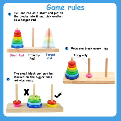 GYBBER&MUMU Wooden Towers of Hanoi (8 Rings) Rainbow Blocks Toy with Storage Box for Kids 3 Years and Up
