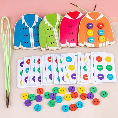 Menolana Kids Wooden Threading Lacing Clothes Sew on Button Game Toys for Age 3-6
