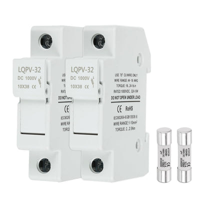 MECCANIXITY Din Rail Fuse Holder with 1 Core Block,10x38mm DC 1000V 20A Single Pole Solar/Photovoltaic Fuse Holder 4-18AWG for Solar PV Systems Battery Protect,Pack of 2