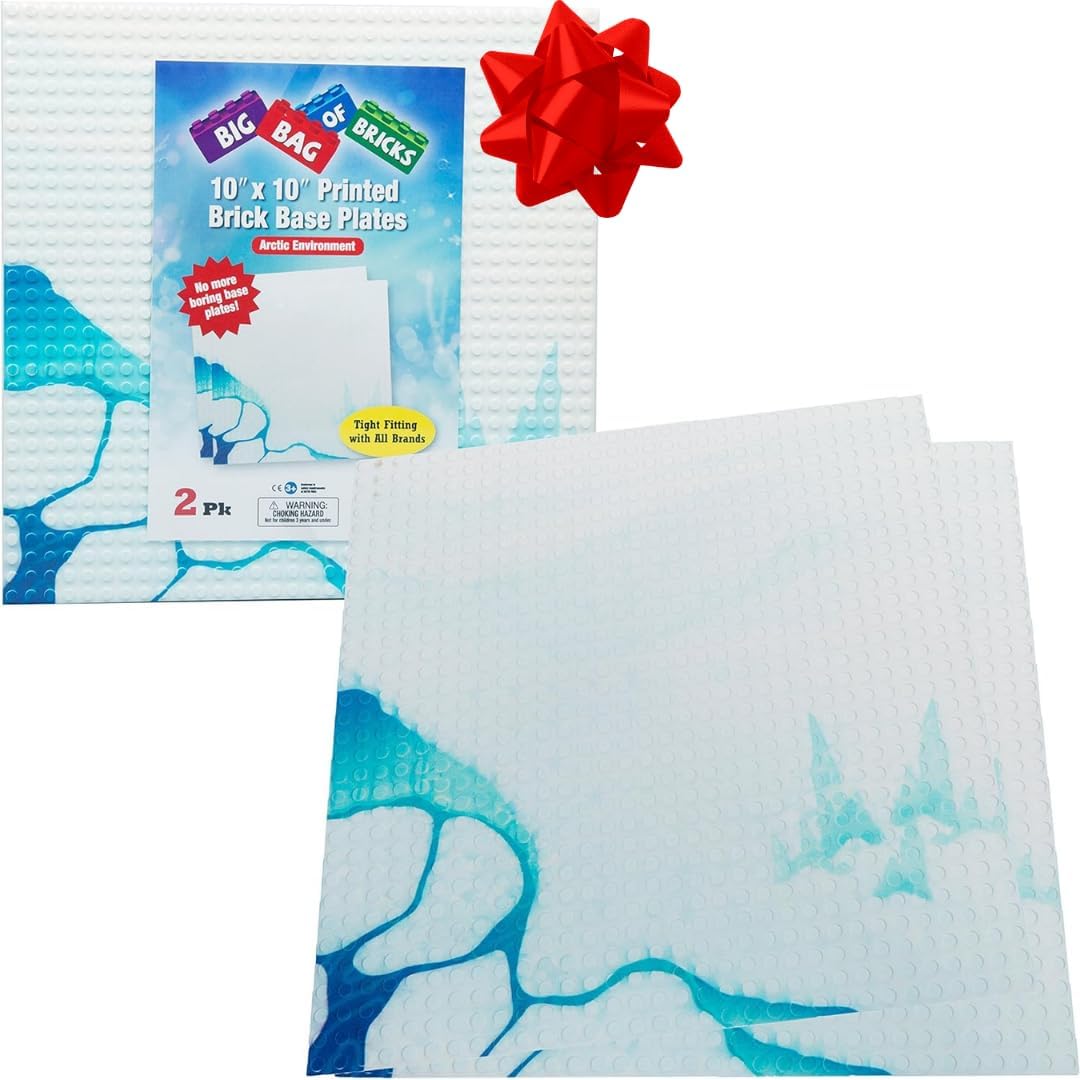 Arctic Terrain Baseplates for Building Bricks - Set of 2 Large 10"x10" Building Plates - Dual Connectivity, Build on Both Sides - Compatible, Tight Fit w Major Brands - STEM Toy & Kids Bday Gift