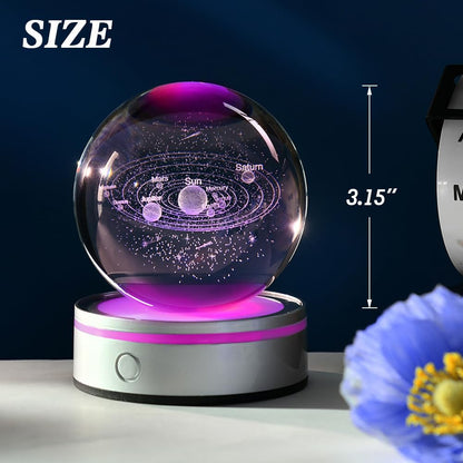3D Solar System Crystal Ball Universe Glass Ball Space Astronomy Gift Planets Model Science Astrophysics Gifts Solar System Night Light Glass Globe Decor with 12 Colorful Modes Light Base