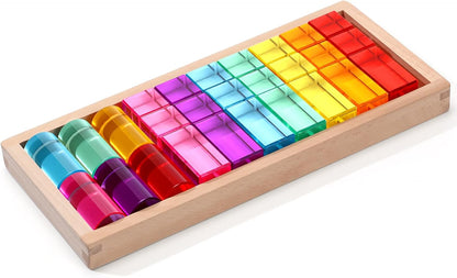 16 Pcs Acrylic Wooden Gem Blocks Sparkling Translucent Cubes Stacking Toys Wooden Cubes Blocks with Colorful Acrylic Open Ended Play Montessori Educational Toys (Round)