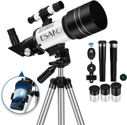 ESAKO Telescope for Kids & Beginners, 70mm Aperture Portable Telescopes with 3 Eyepieces, Height Adjustable Tripod & Phone Adapter & Remote Control Gift for Christmas