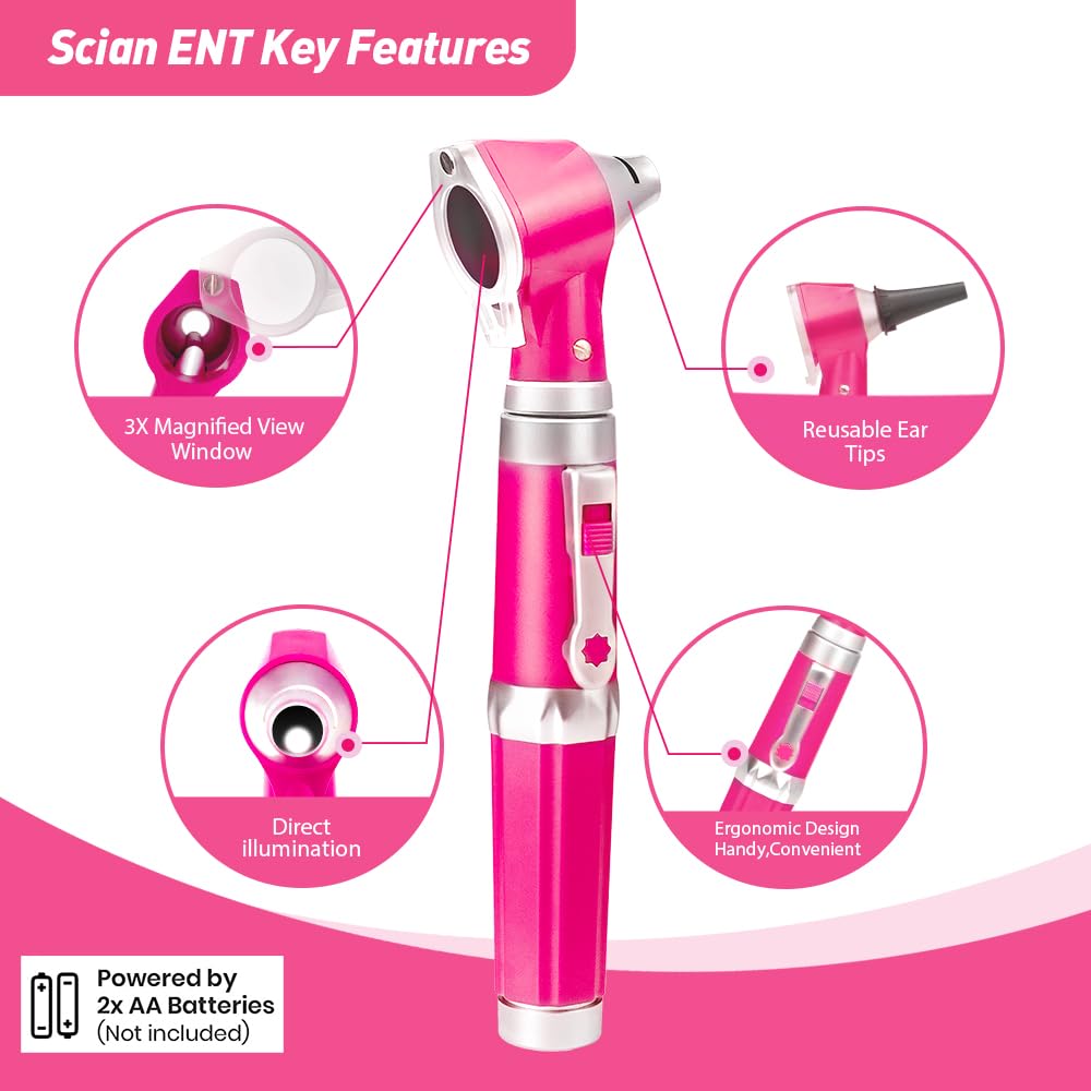 Scian Otoscope - Ear Scope with Light, Ear Infection Detector and Pocket Ear Checker Kit with 3X Magnify Lens, Suitable for Kids, Adults, Doctors, Pets(Pink)
