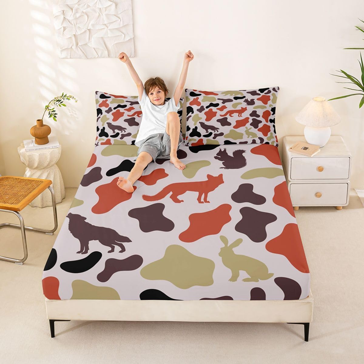 Manfei Musical Kids Fitted Sheet Full Size, MusicalGuitar Radio Drum Kit Headset Print Bedding Set 3pcs for Boys Girls, Rock Music Bed Cover with 2 Pillowcases, Soft Polyester Bedding, No Top Sheet