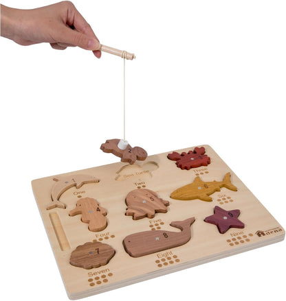 Adena Montessori Natural Wood Wooden Toy Magnetic Fishing Game, Wooden peg Puzzle 2 in 1 for Toddlers, Wooden Puzzle for 2-3 Years Old, Puzzle with Digital Ocean Animal Advanced Toys for 2 Year Old