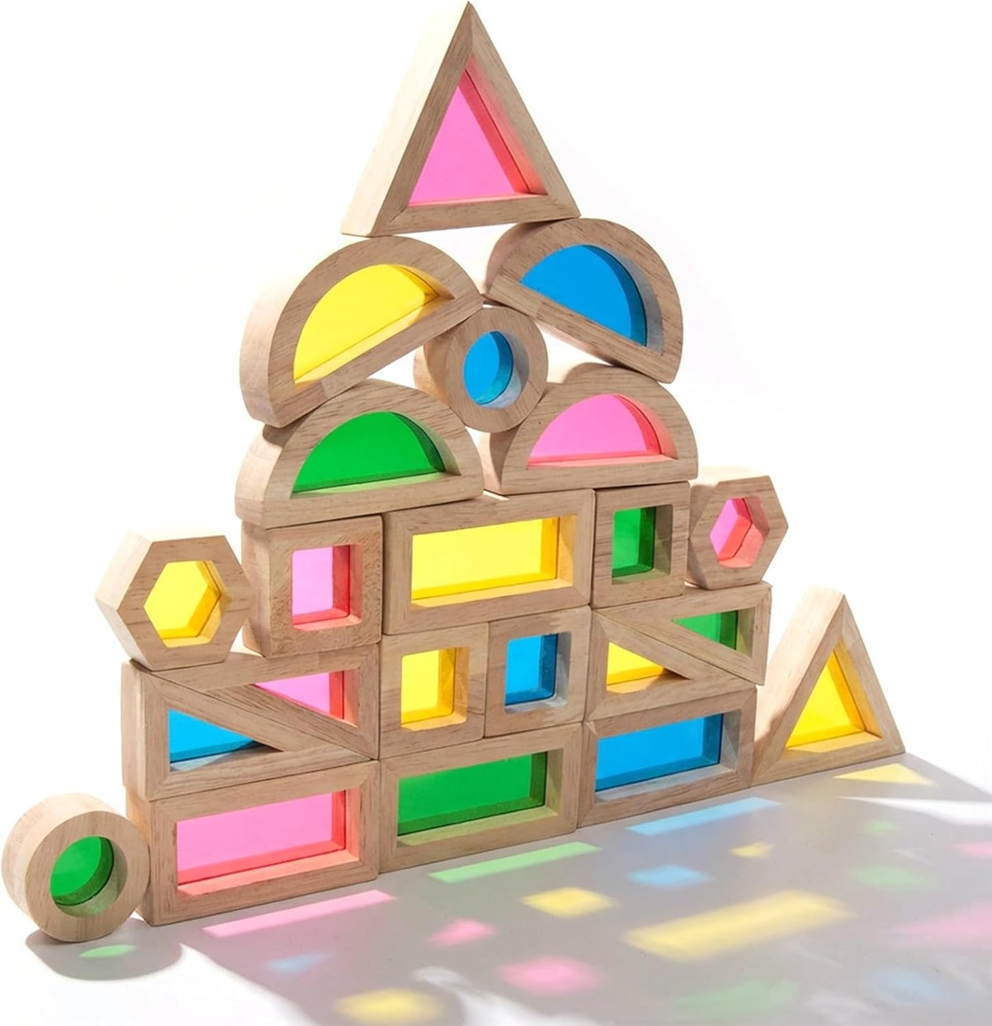 WOODENFUN Wood Building Blocks Set for Kids, 32 Pcs Rainbow Stacker Stacking Game Construction Toys Set Preschool Colorful Learning Educational Toys, Geometry Wooden Blocks for Boys Girls