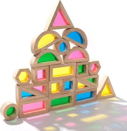 WOODENFUN Wood Building Blocks Set for Kids, 32 Pcs Rainbow Stacker Stacking Game Construction Toys Set Preschool Colorful Learning Educational Toys, Geometry Wooden Blocks for Boys Girls