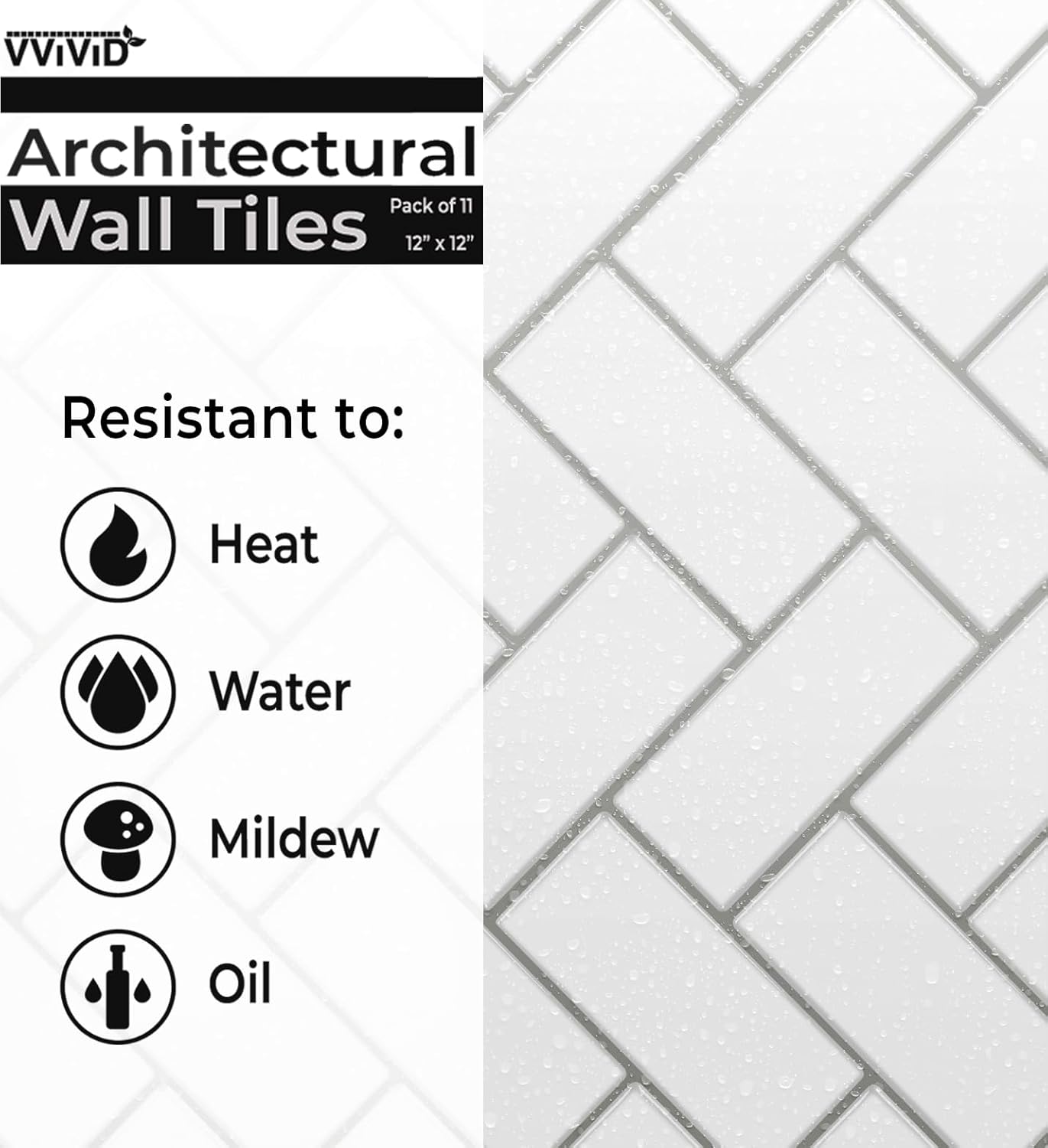 VViViD 11 Sheets Peel and Stick Grey Gloss Faux Ceramic Brick Wall Tiles, Self Adhesive Backsplash 12”x12”, 2mm Thick Kitchen, Bathroom (11 sq. ft.)