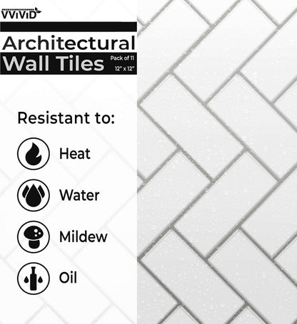 VViViD 11 Sheets Peel and Stick Grey Gloss Faux Ceramic Brick Wall Tiles, Self Adhesive Backsplash 12”x12”, 2mm Thick Kitchen, Bathroom (11 sq. ft.)
