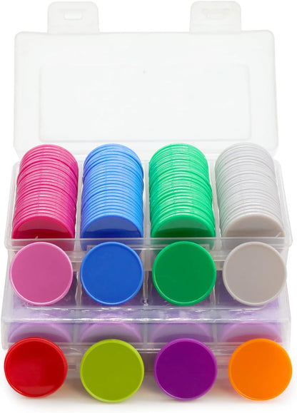 Set of 100 Opaque Plastic Learning Counters Mini Poker Chips Game Tokens with Storage Box (Black+White+Blue+Purple, 1 Inch)