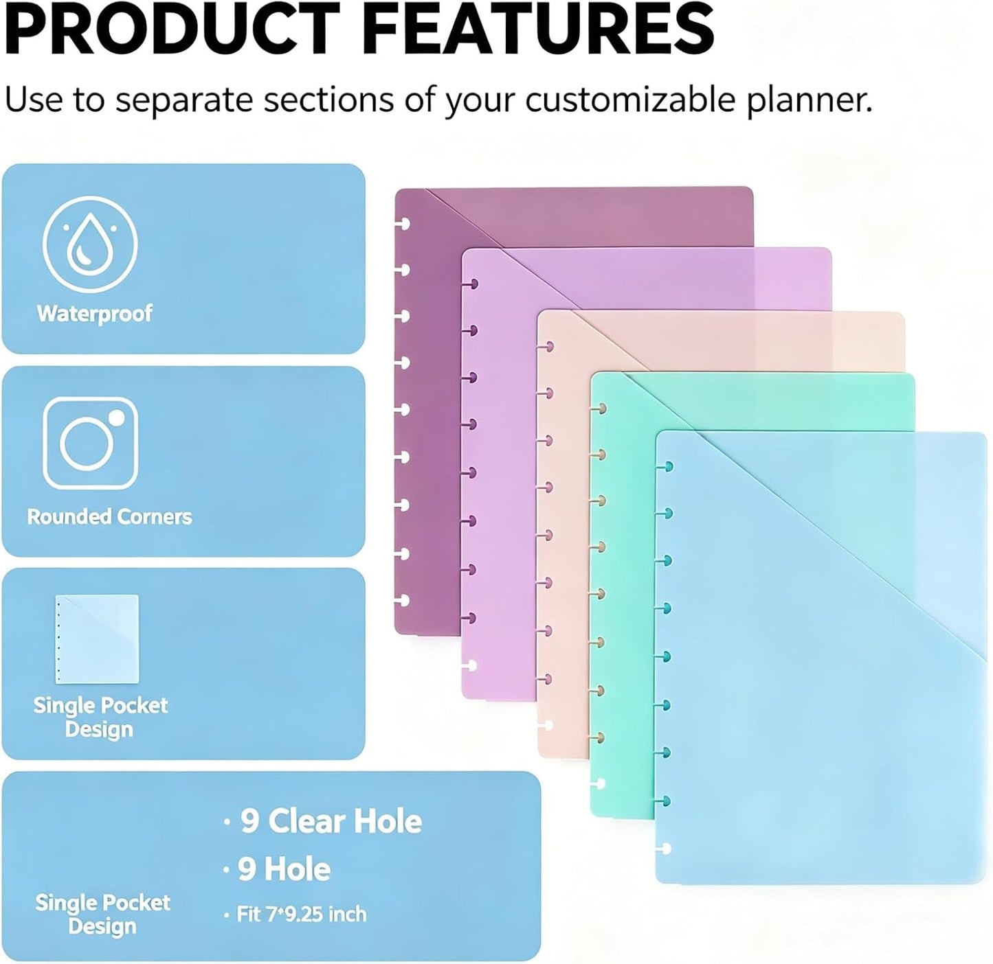 Discbound Dividers with Pockets 7x9.25'' Classic Size Discbound Notebook Divider 9 Disc Bound Planner Inserts Pocket 10pcs Plastic Index Dividers for Planner Folder Office