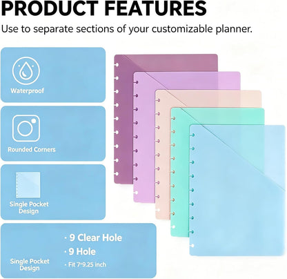 Discbound Dividers with Pockets 7x9.25'' Classic Size Discbound Notebook Divider 9 Disc Bound Planner Inserts Pocket 10pcs Plastic Index Dividers for Planner Folder Office