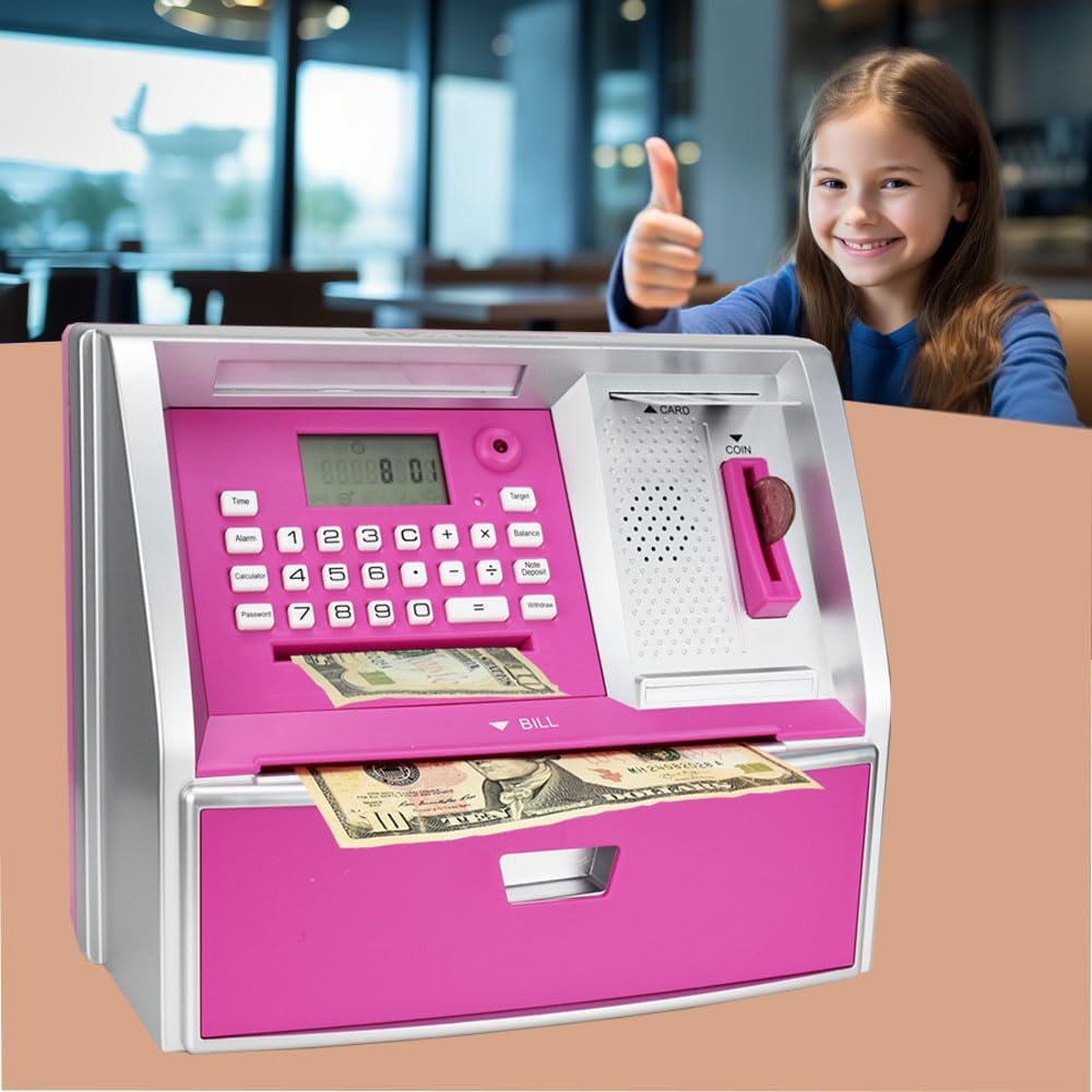 ATM Savings Bank with Debit Card, Electronic Piggy Bank for Real Money, Coin Recognition, Targets Setting, Password Login, Voice Prompt, Great Gift for Boys Girls (Golden/Black)