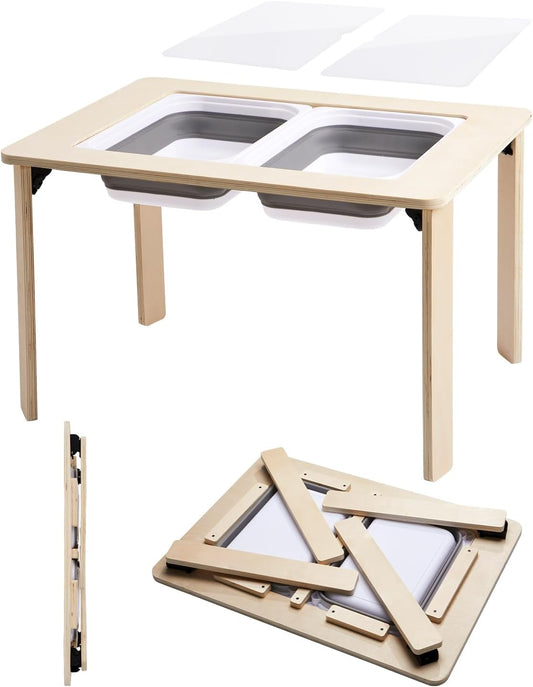 Sensory Play Activity Table for Kids, Foldable Table for Easy Storage with 2 Collapsible Storage Bins and Acrylic Painting Board, Wooden Made