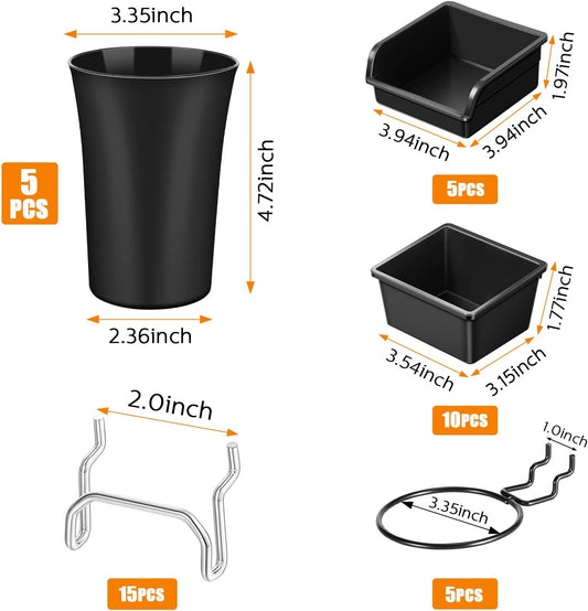 Yookeer 20 Pcs Pegboard Bins and Cups with Hooks and Loops Peg Assortment Organizer Accessories Various Tool Organizer Pegboard Baskets Set for Garage Workshop Workbench Office(White)