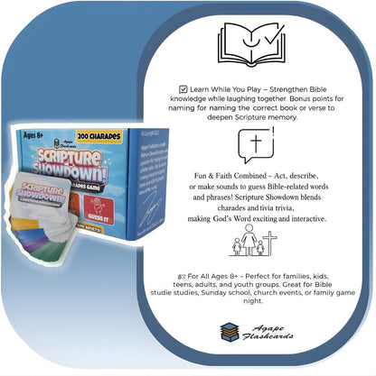 Bible Trivia Charades Game, Scripture Showdown for Families, Teens, Adults, 200 Challenge Cards, Faith Based Party Activity, Christian Game Night, Youth Group Icebreaker, Bible Study, Christian Gifts